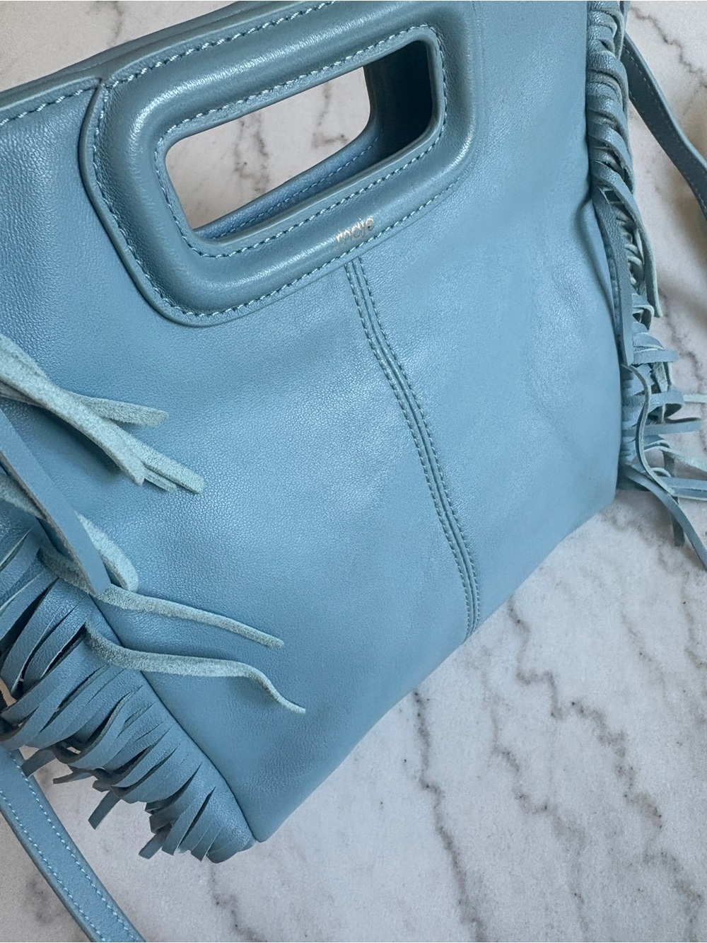 Maje M Bag - Light Blue Fringe Leather Clutch or Crossbody - Picture 13 of 13